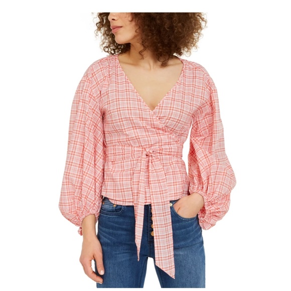 MICHAEL Michael Kors Tops - NWT MICHAEL MICHAEL KORS Coral Tie Plaid Long Sleeve Surplice Neckline Blouse
